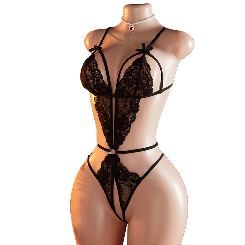 Lace Teddy Lingerie - โปร่งใสเซ็กซี่ One-piece Hollow ลูกไม้สีดําชุดชั้นใน Menggoda Exotic