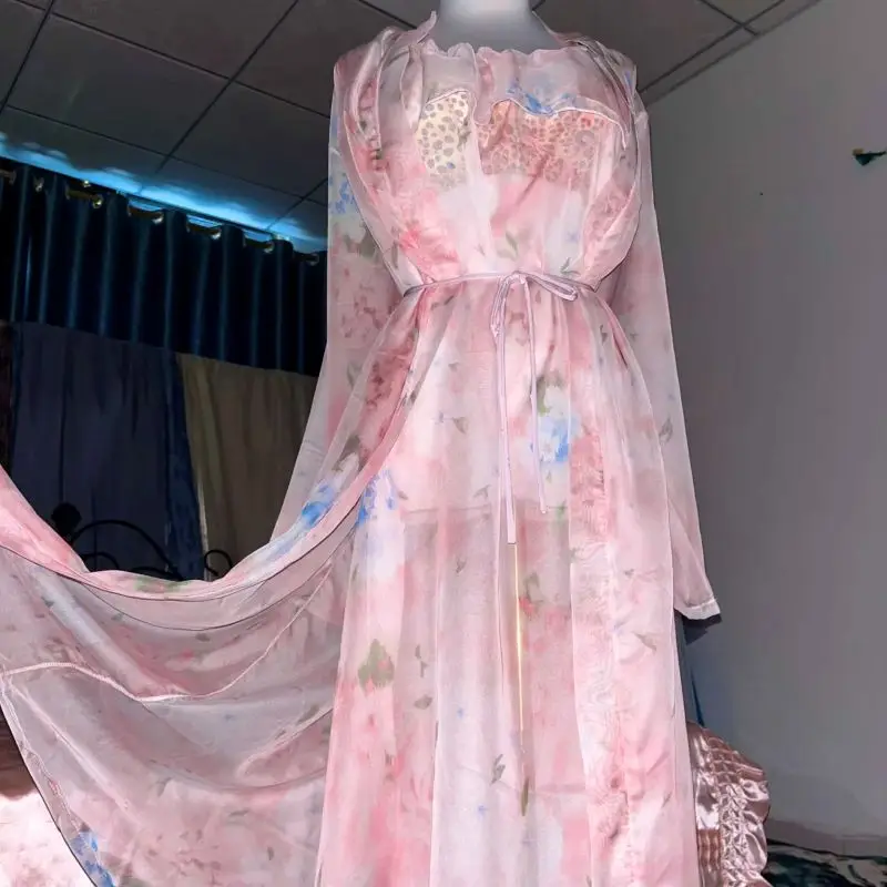 Robe Silk Women - ผ้าไหมสีชมพูพิมพ์ดูผ่าน Nightgown ชุด Ruffled Suspender ชุด