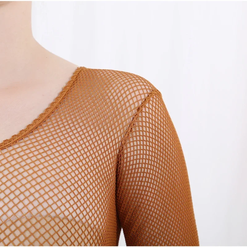 Bodystocking Fishnet - ชุดจั๊มสูทเต้นลาตินแบบเต็มตัว ถุงน่องตาข่าย ชุดบอดี้สูทเต้นรำแบบตาข่ายแข็งสำหรับมืออาชีพ ถุงน่องลาตินแบบยืดหยุ่น 1 ชิ้น