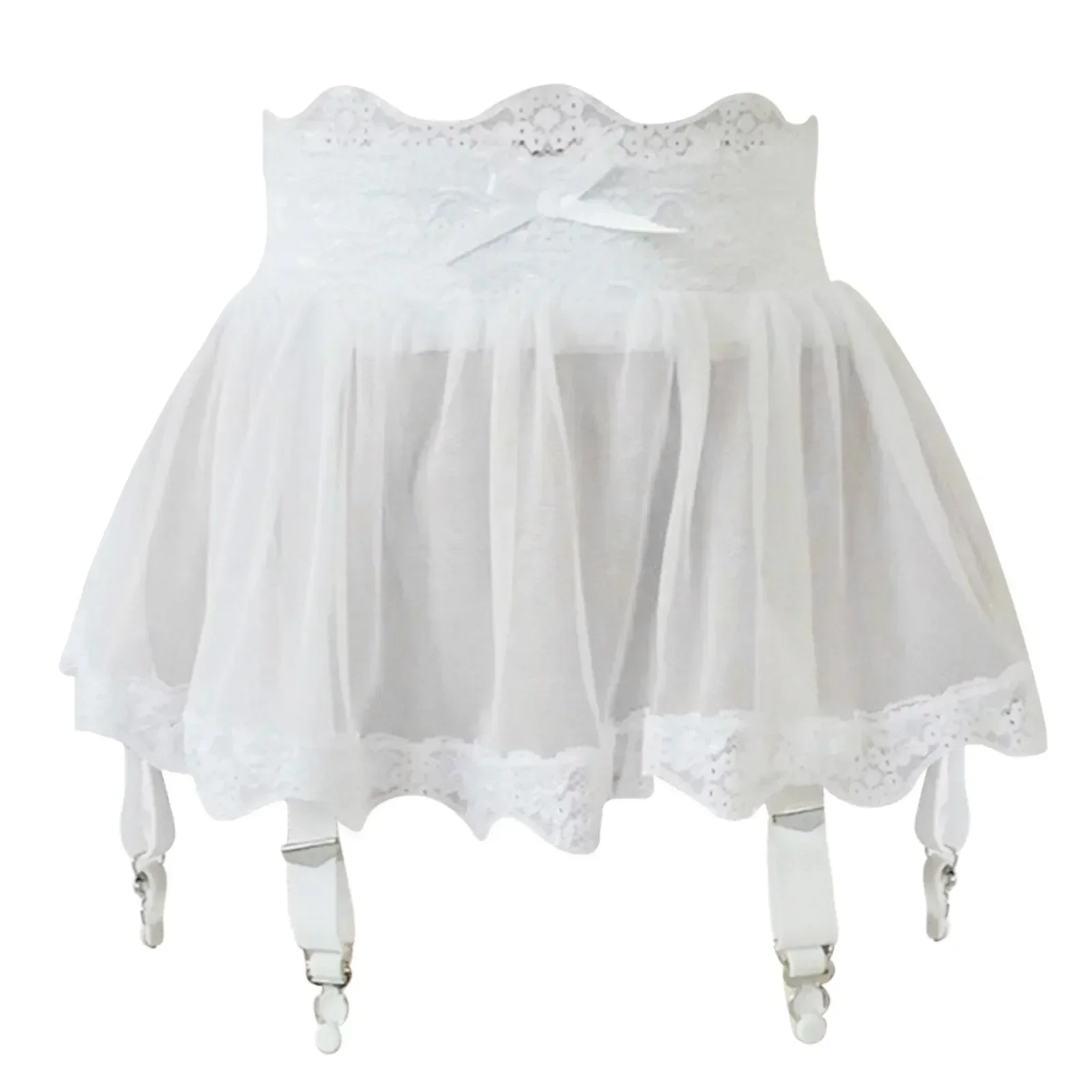 Garter Belt Set - กระโปรงมินิสั้นเอวสูงผ้าลูกไม้รัดรูปเซ็กซี่ พร้อมสายรัดถุงน่อง ปรับได้ ชุดเดรสสั้นแบบกระดุมสี่แถว พร้อมถุงน่องสำหรับผู้หญิง