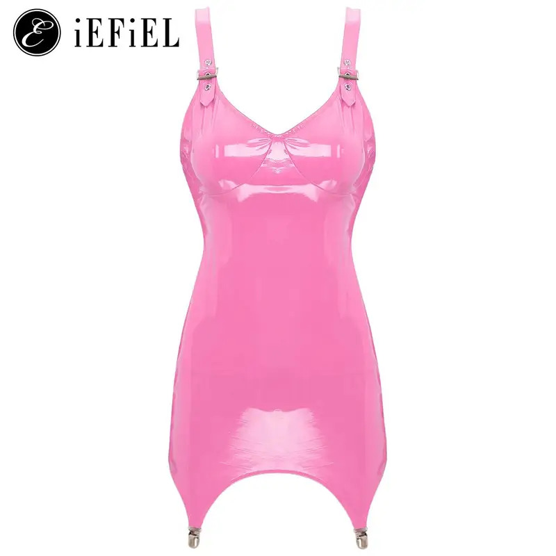 สตรีเงาโลหะ PVC หนัง V คอชุดมิ - Babydoll Chemise Night บทวิจารณ์และราคา